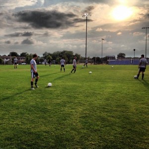 The LU Mens Soccer Team warming up for a game at Marian University. 