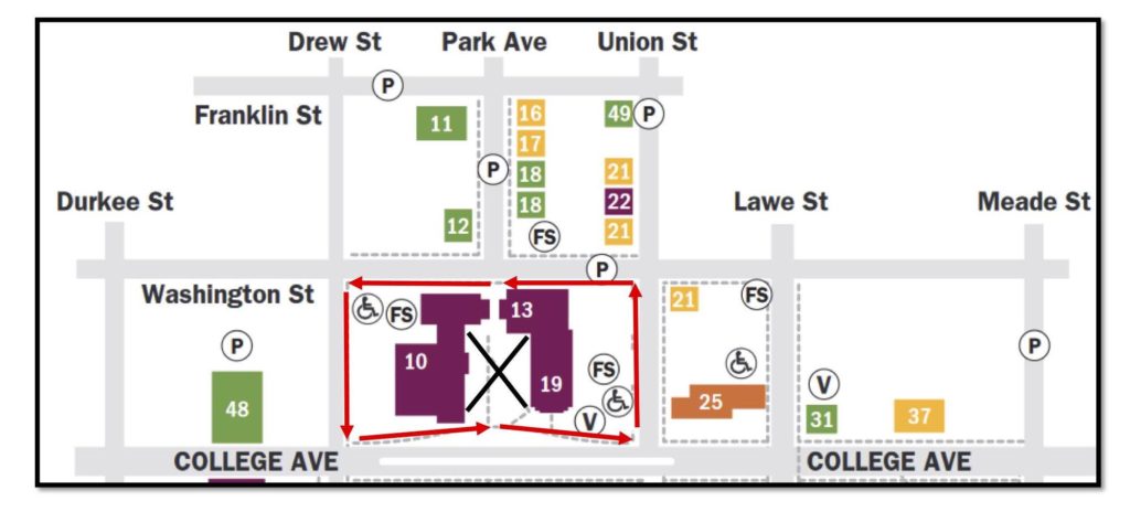 A campus map depicting a detour around the Music Drama building via Drew St., Washington St., Union St., and College Ave. rather than the walkway between buildings.