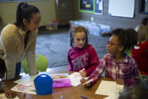 Lawrence volunteer talks with students at Boys and Girls Club.