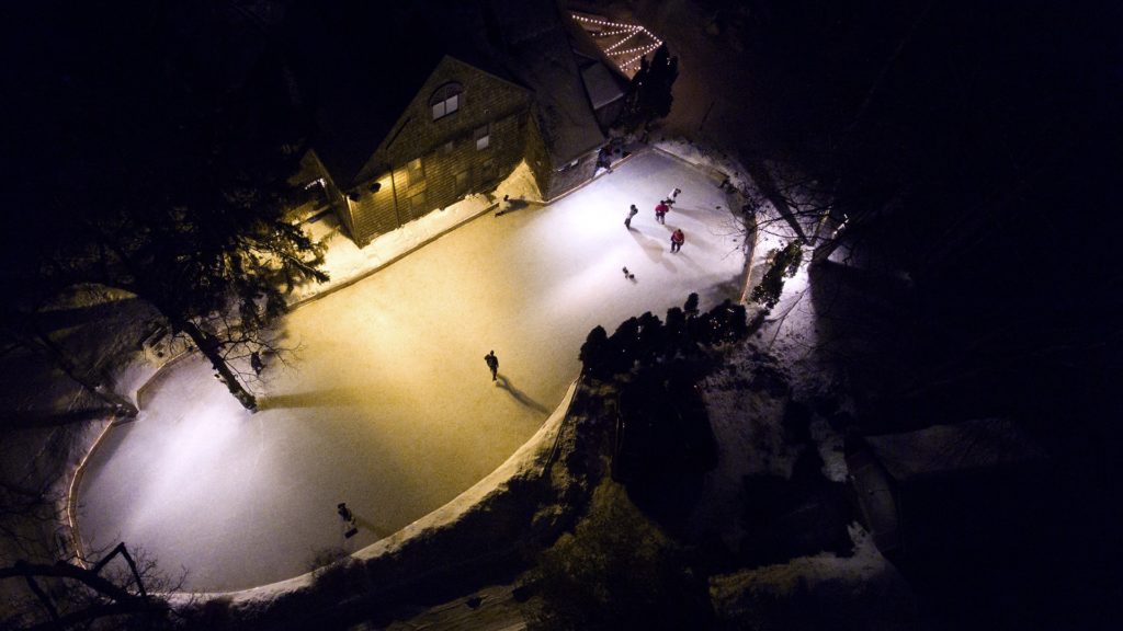 An aerial view of the ice rink in the McKees' yard.