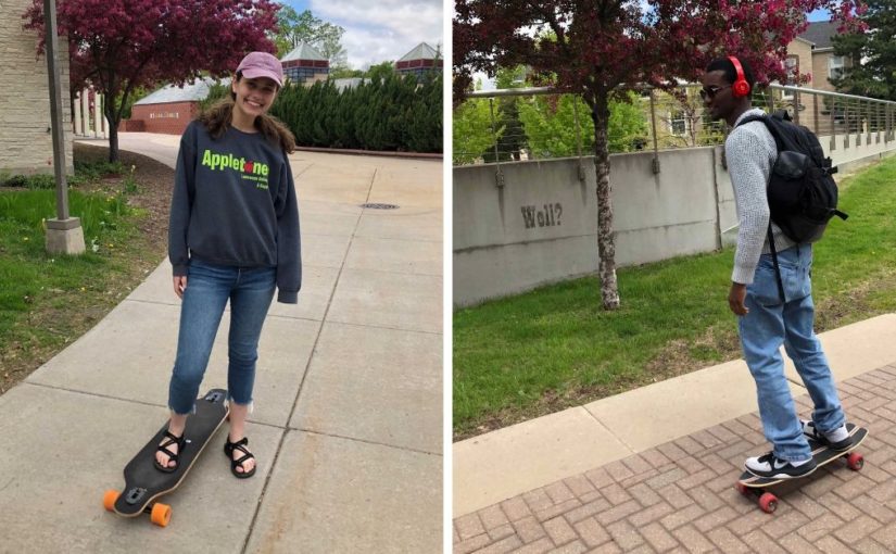 Two photos side-by-side. One of a female Lawrence student standing on a longboard. The other of a male student rolling down the sidewalk on a longboard.