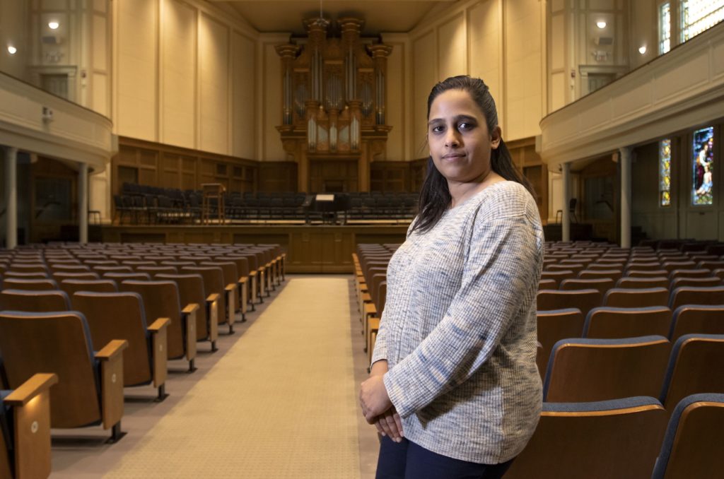 Asha Srinivasan stands for a portrait in Memorial Chapel.